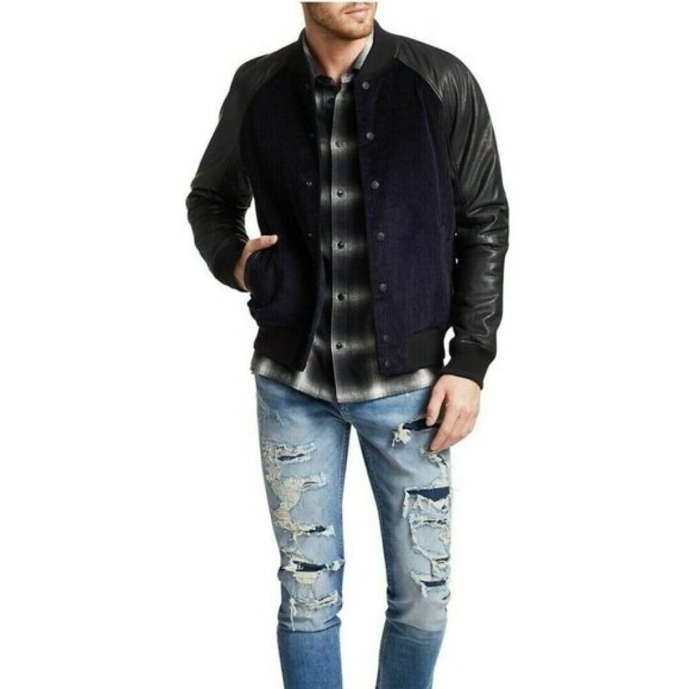 Hudson Jeans Leather Sleeve Navy Black Corduroy Varsity Jacket